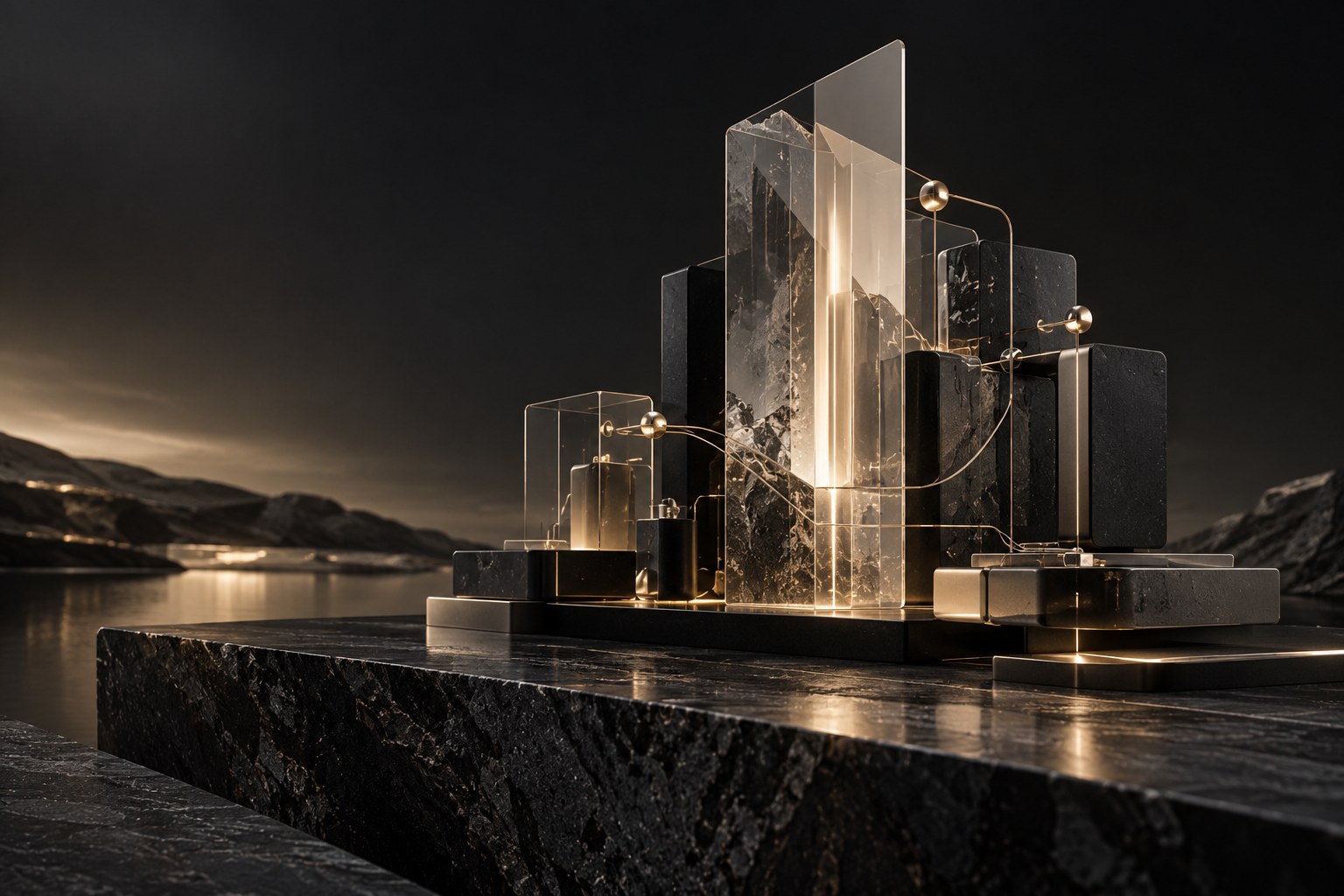 Conceptual AI systems sculpture made from smoked glass, graphite and warm champagne connections